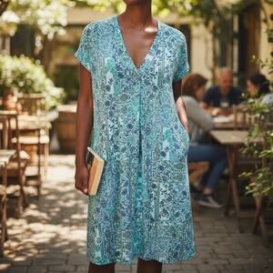 J Jill Women's Floral Knit T-Shirt Dress Small Teal Blue Beach Coastal